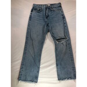Topshop Straight Leg Jeans Blue Distressed Knee Rip Raw Hem W26 L30 RN125149